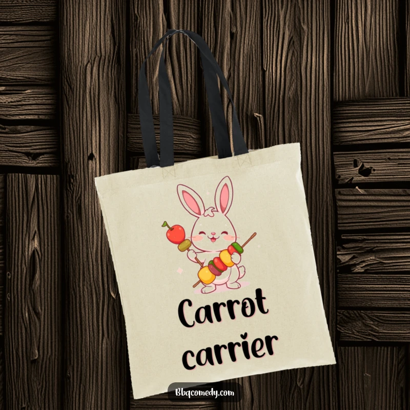 Funny playful bunny holding a skewer with colorful vegetables, a durable tote bag for groceries and more.
