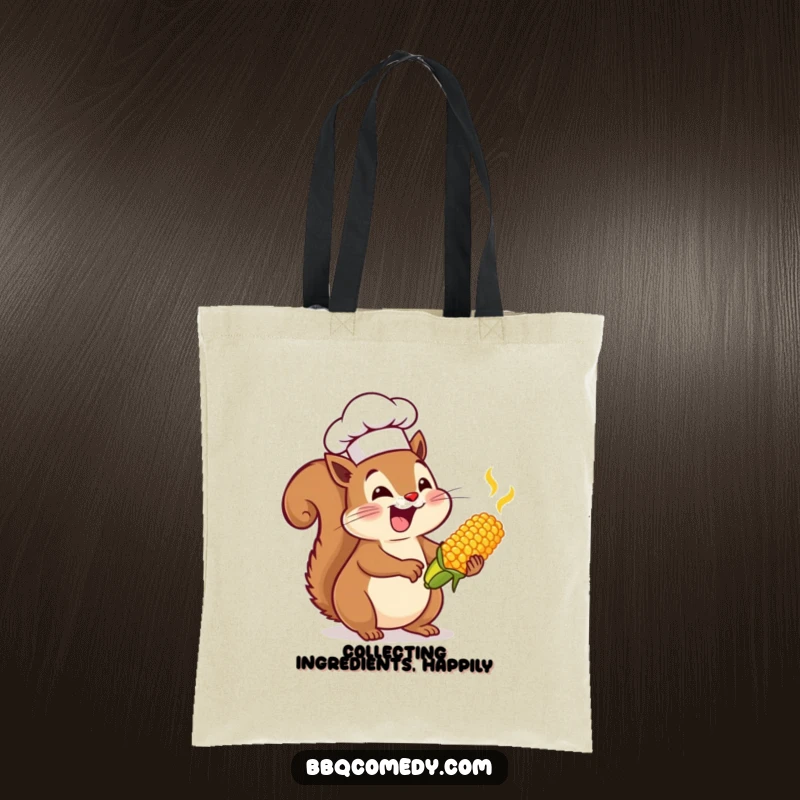 Enthusiastic squirrel wearing a chef hat, basting tiny corn on the cob, ready for a shopping trip.